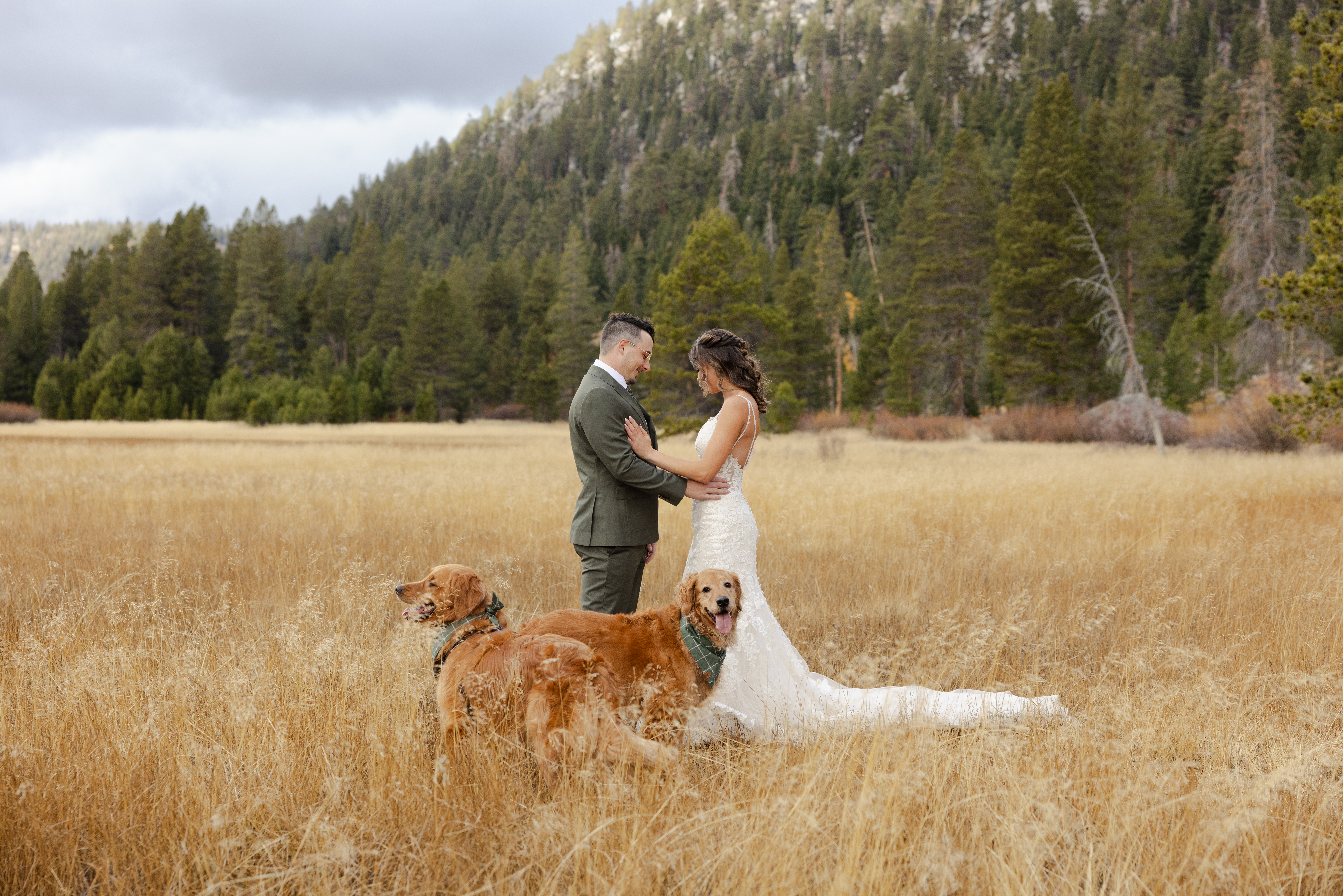 Photo of the couple having their first look with their dogs by their side
Couple sharing an emotional first look, with their beloved dogs happily present, making the moment even more special and filled with love.