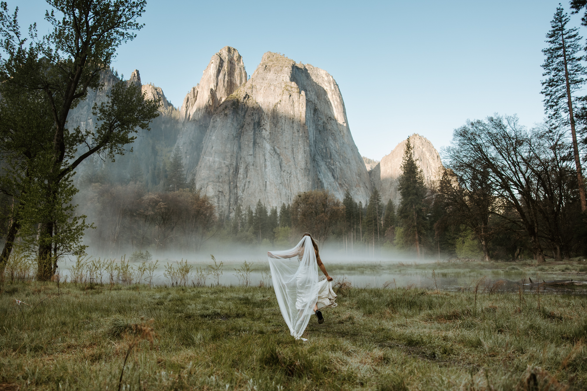 Bride standing in the forest near Yosemite, with soft sunlight filtering through the trees during her elopement.